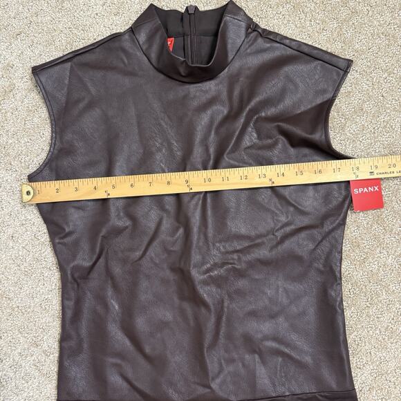 NEW Spanx | Faux Leather Bodysuit, size L Mock Neck Chocolate Brown - Picture 13 of 16